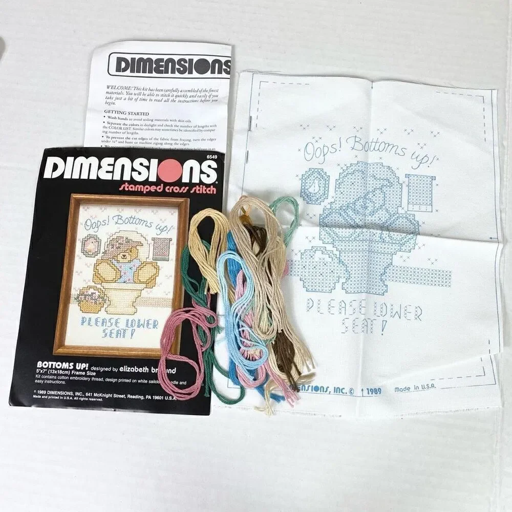 Vintage 1989 Dimensions Bottoms Up! Teddy Bear Toilet Stamped Crossstitch Kit